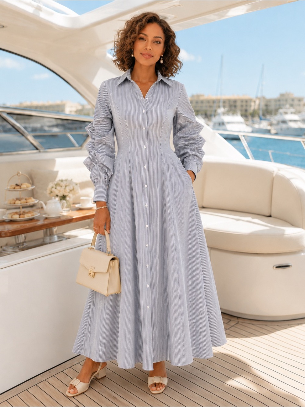 Button-Front Maxi Shirt Dress in Light Blue Stripe
